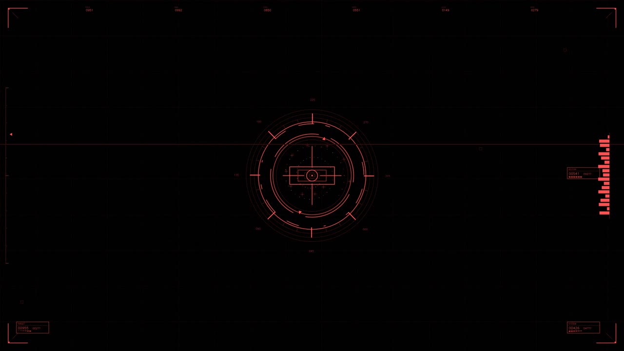 A military heads up display animation designed for science fiction projects. It includes various tracking elements displayed on a dark background
