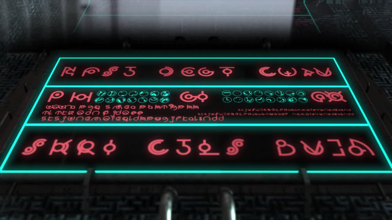 High quality 3D CGI render with smooth dolly towards a piece of alien technology with a reflective screen display showing a display of alien hieroglyphs changing in random sequences