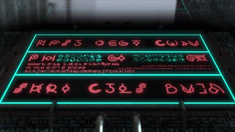 renderizado cgi 3d de alta calidad con plataforma rodante suave hacia una pieza de tecnología alienígena con una pantalla reflectante que muestra una visualización de jeroglíficos alienígenas que cambian en secuencias aleatorias