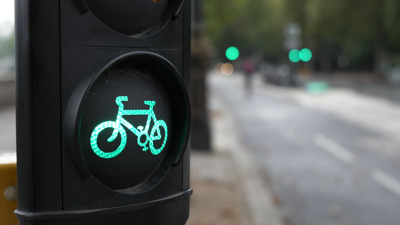 semáforo de carril bici verde con ciclistas en el fondo