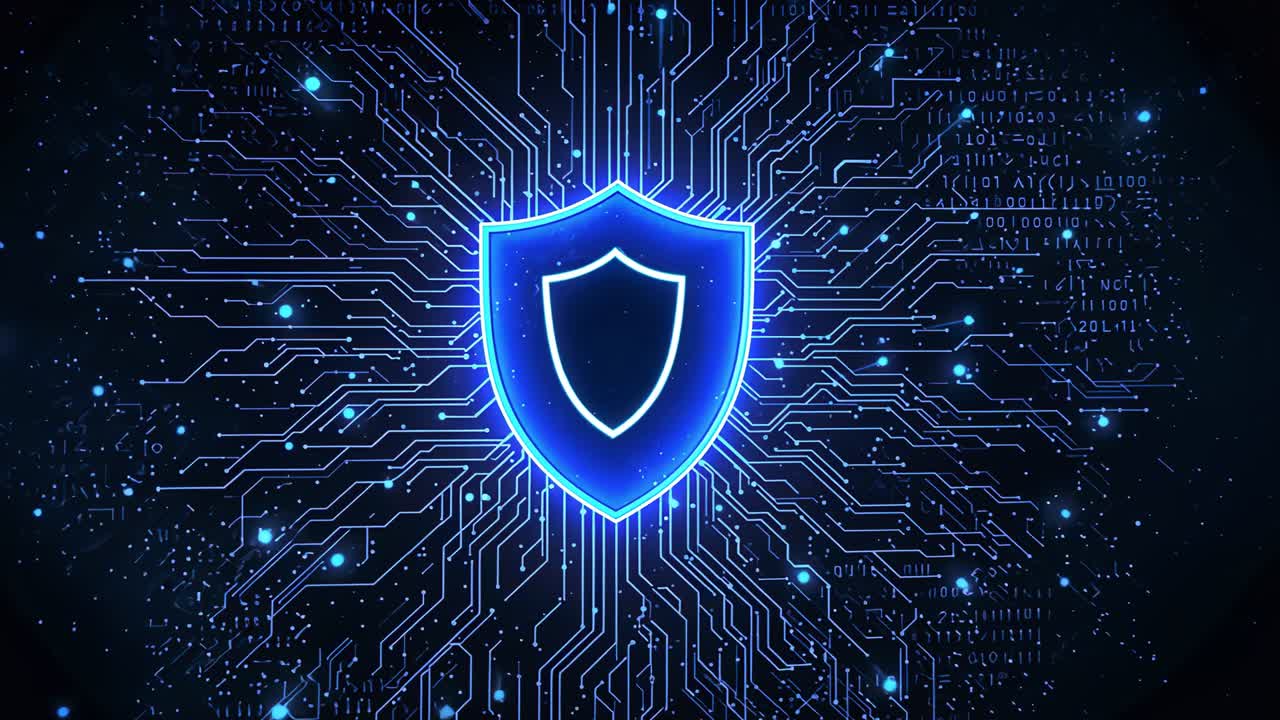 Fading neon-blue shield icon driving circuits in digital grid, pulsing nodes and binary streams