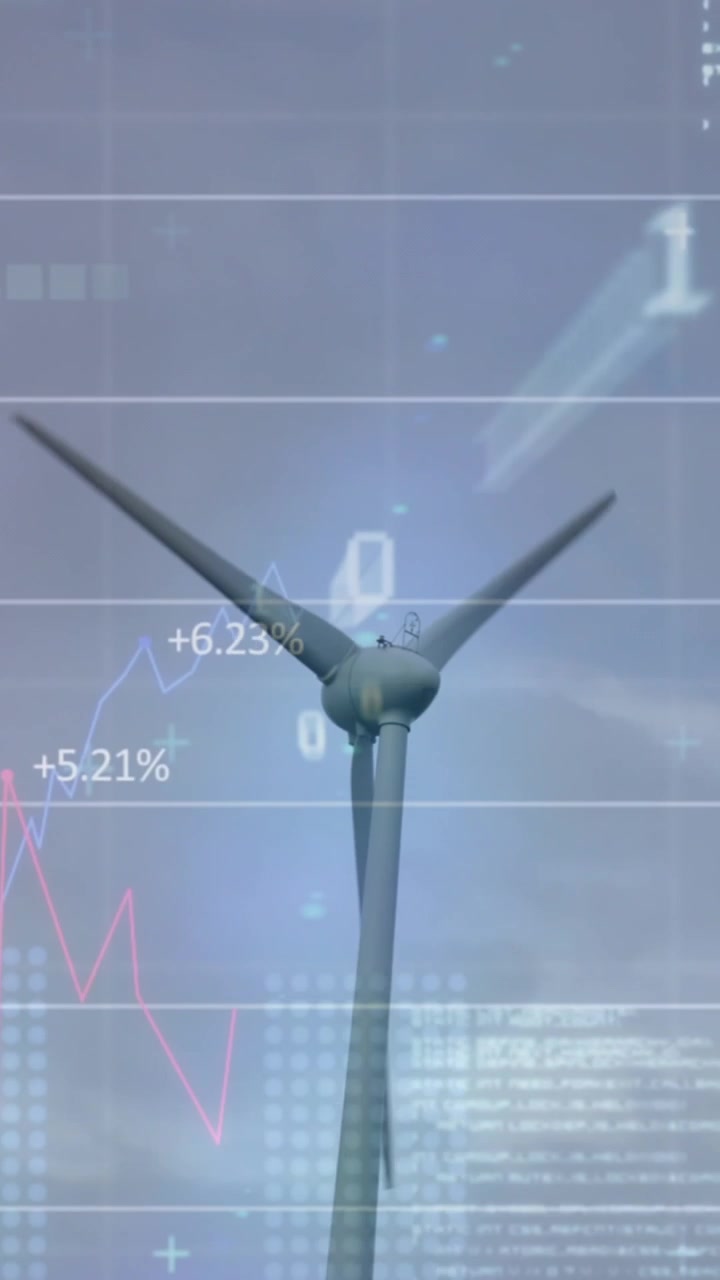 Animation of wind turbine turning, data processing and stock exchange graph