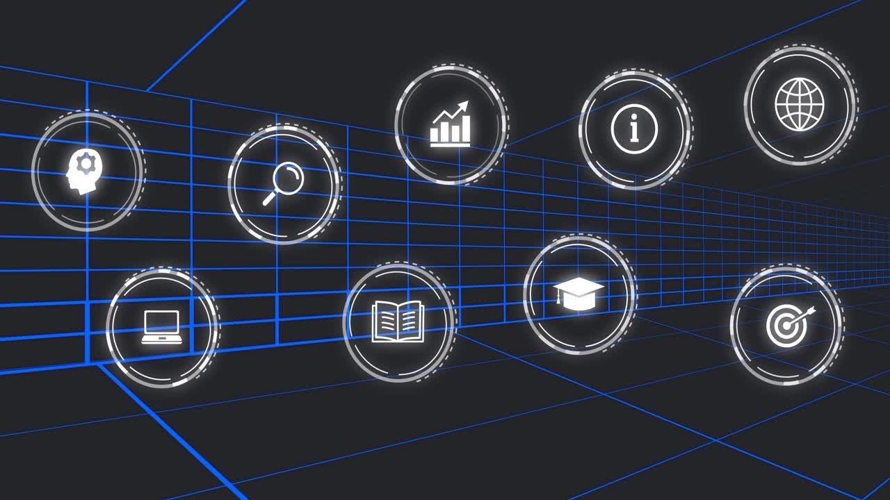 HUD appearing, icons entering grid tunnel, pulsing and aligning into two rows, forming interface