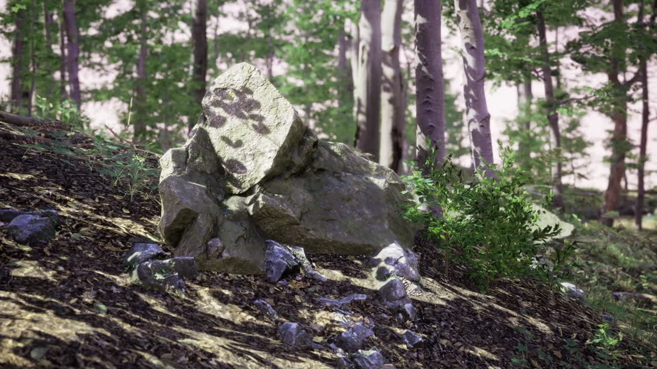Large rock surrounded by lush greenery in a tranquil forest setting