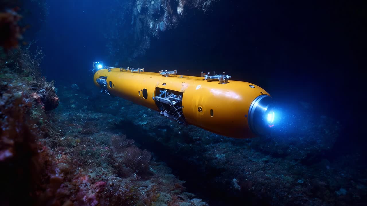 Erkundung der Tiefen: Ein Hightech-Tauchboot enthüllt mit seinen fortschrittlichen Sensoren und Kameras die Geheimnisse des Meeresbodens in dunklem Unterwassergelände