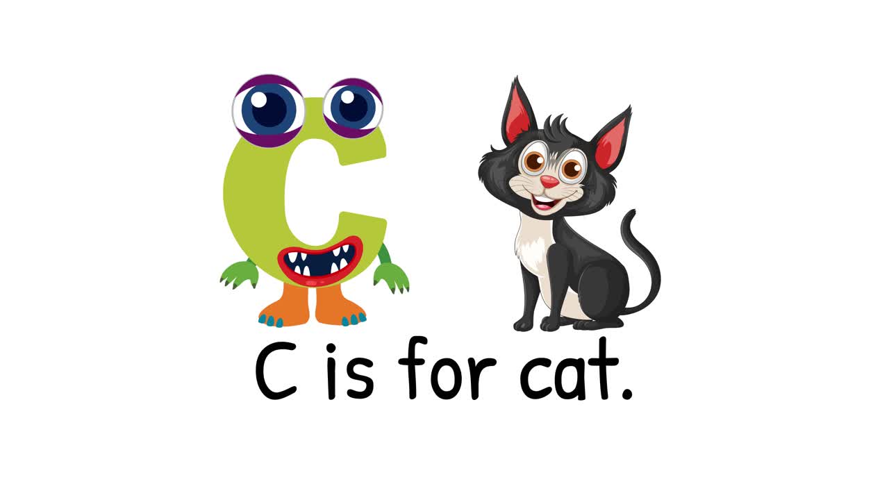 Playful animation of the letter C transforming into a character alongside a cartoon cat, with vibrant colors and whimsical style