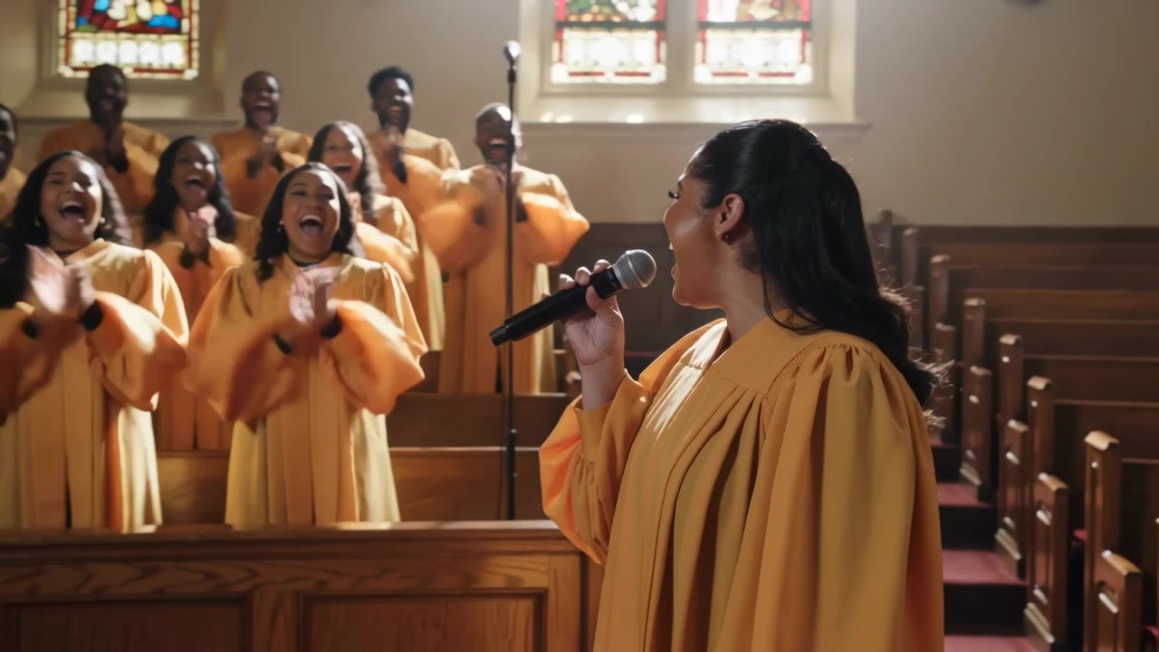 Solista donna di spicco in abito dorato che canta in un microfono a mano in chiesa, guidando il coro nell'adorazione.
