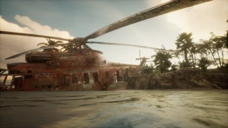 old rusted military helicopter near the island