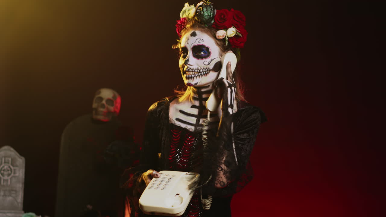 Woman with Halloween Skull Makeup Holding Telephone