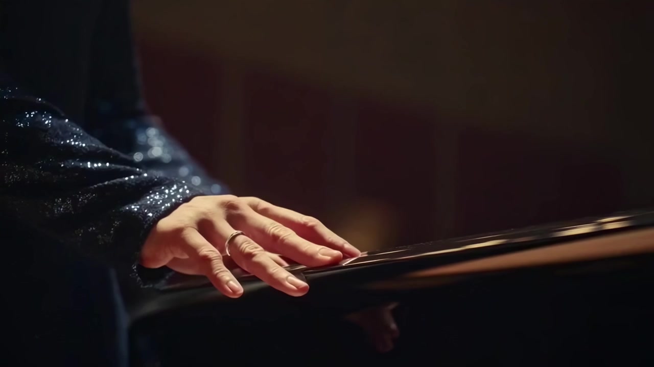 Elegante pianista donna si inchina al pubblico prima dell'esibizione in una grande sala da concerto
