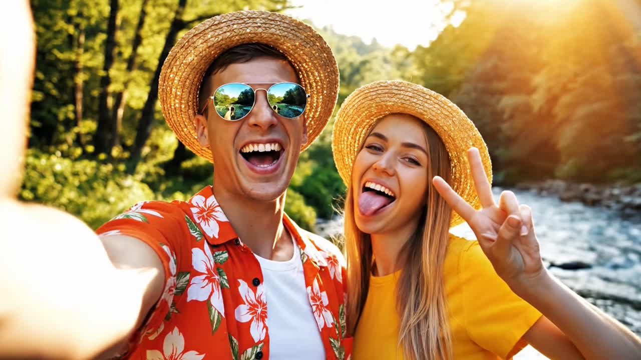 Happy couple taking selfie outdoors during summer vacation