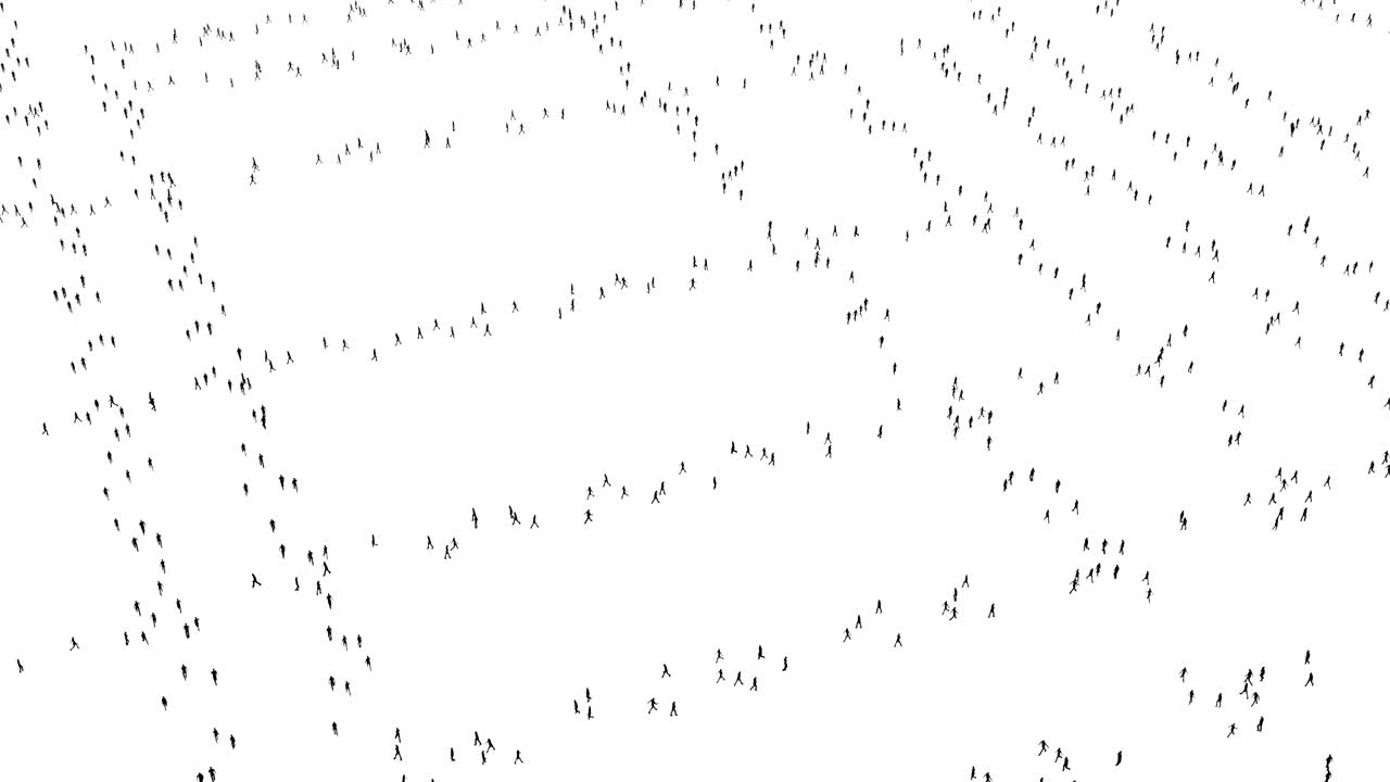 personas siluetas negras caminando animación 3d. multitud paseando sobre fondo blanco imágenes abstractas. ciudadanos moviéndose en diferentes direcciones video. aislamiento social e indiferencia concepto