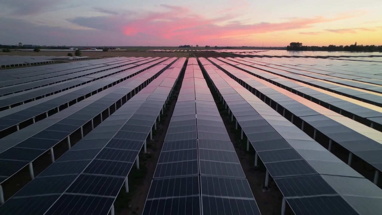 Svævende drone fanger centrerede jordmonterede solpaneler ved solnedgang, der reflekterer en lyserød-orange himmel.