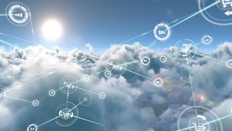 animation of network of connections with icons over clouds on sky