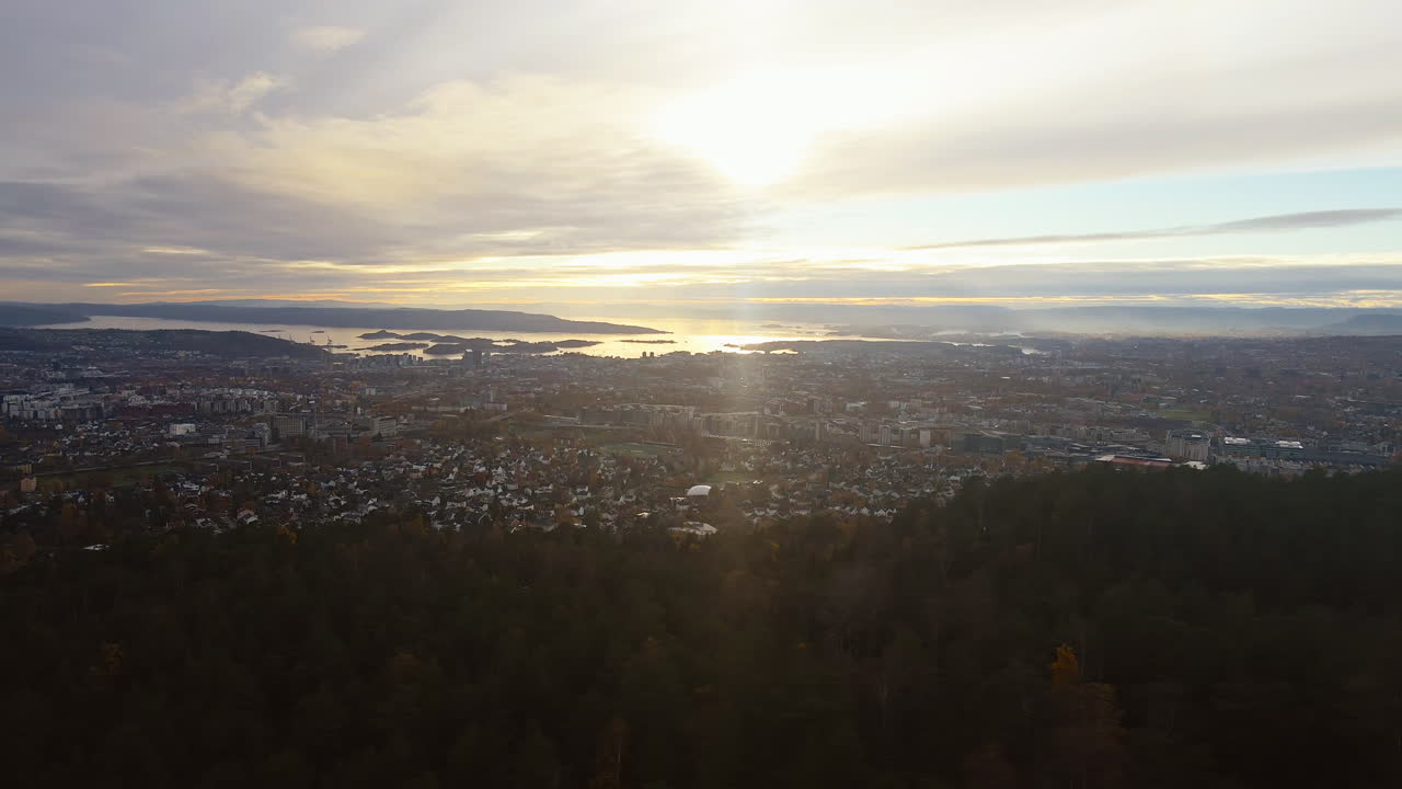 Panoramic aerial shot of Oslo, Norway looking down to the whole city on a bright sunny day