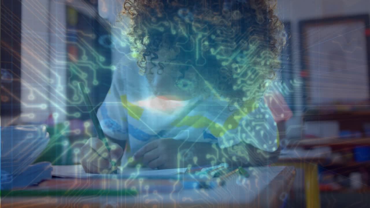 Student writing at desk, pencil touching paper causing neon brain circuit overlay showing education