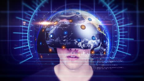 un joven guapo con auriculares vr y experimentando la realidad virtual.