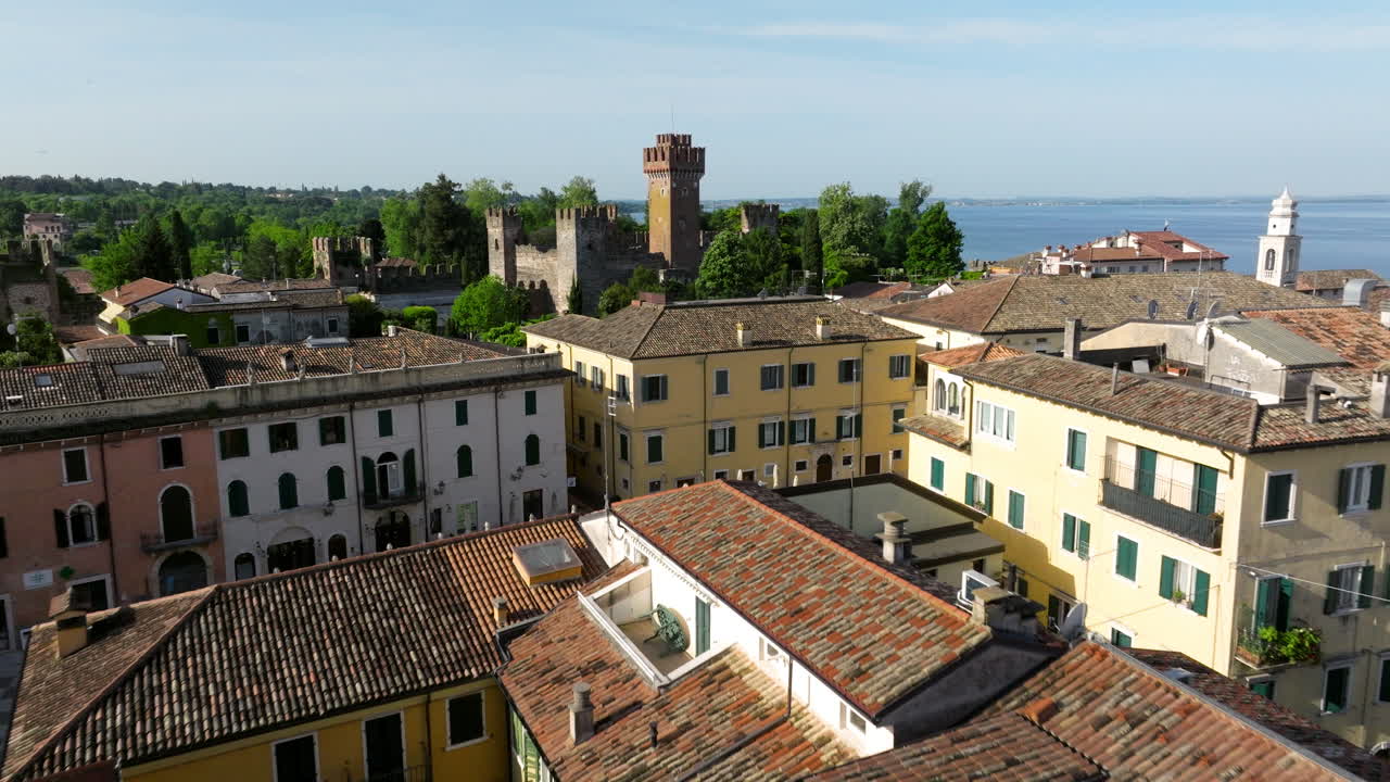 Lazise Village, Castle And Piazza Vittorio Emanuele In Veneto, Italy. - aerial shot