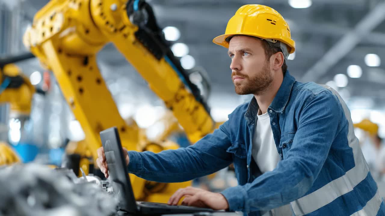 A focused engineer in a hard hat works diligently at a high-tech factory, utilizing advanced technology and robotic systems to enhance productivity and innovation