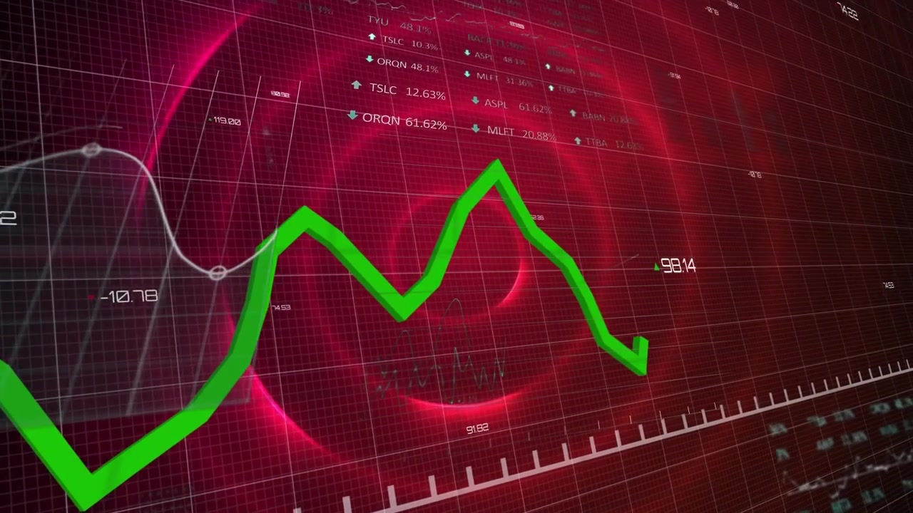 Financial Stock Market Chart with Green Trend Line on Red Digital Background
