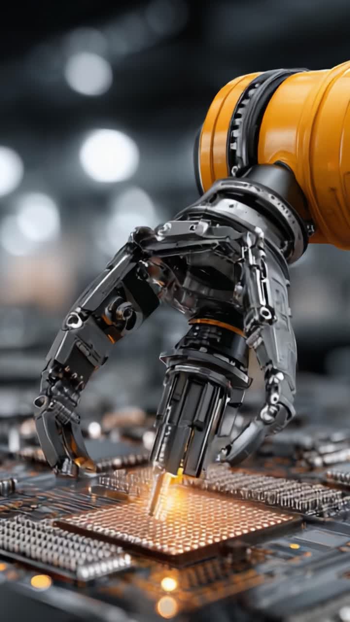 Avanceret robotarm manipulerer mikrochips med præcision i et højteknologisk produktionsmiljø, der viser skæringspunktet mellem automatisering og elektronisk innovation