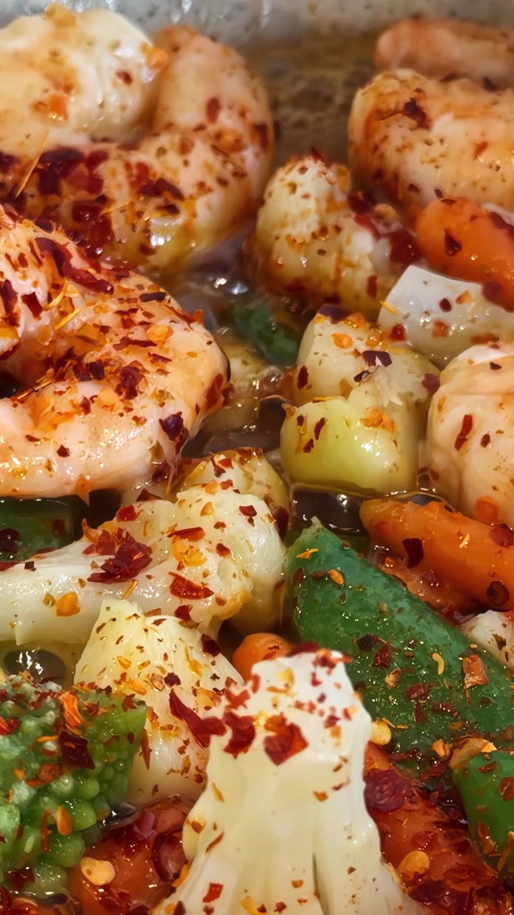 Una vibrante toma macro de camarones cocinándose con coliflor, zanahorias y guisantes tirabeques, cubierto con hojuelas de pimiento rojo picante. Perfecto para contenido culinario, de bienestar y de estilo de vida saludable