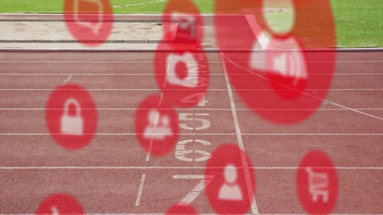 Animazione di diverse icone, su atleta birazziale disabile che taglia il traguardo su pista da atletica.