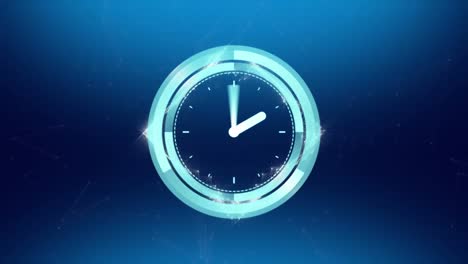 animation of clock with rotating hands over square network of connections on blue background