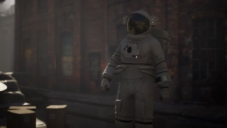 astronauta perdido cerca de edificios industriales abandonados de la vieja fábrica
