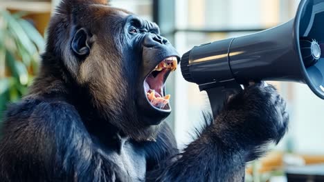 a gorilla shouting into a megaphone in a room