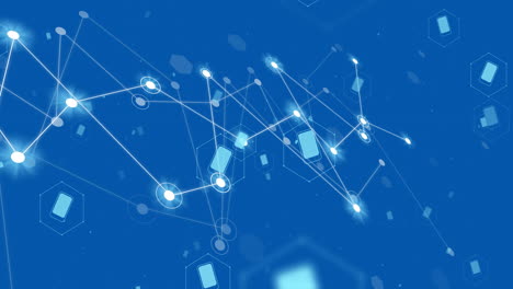 Animation of network of connections with spots on blue background