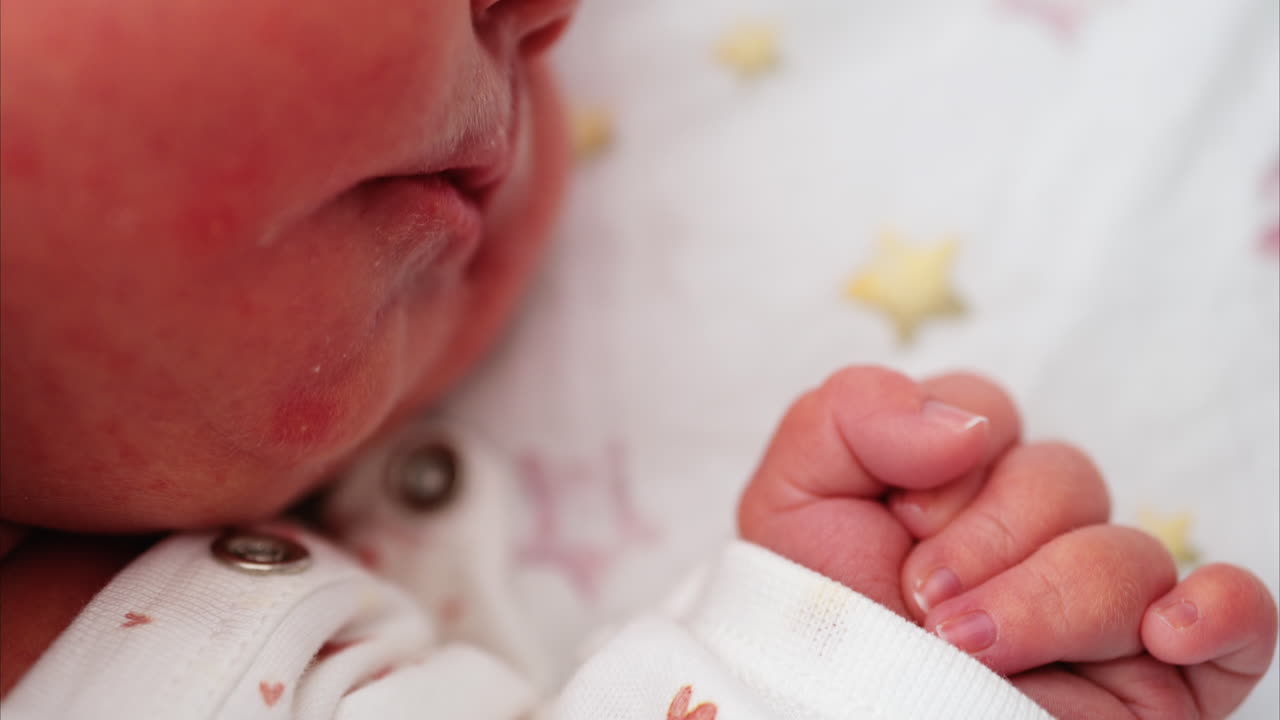 Close up of newborn's hand gently clenched near the face, capturing delicate skin texture