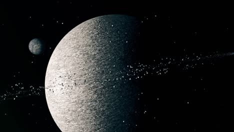 large planet with rings of asteroids and a smaller moon in deep space. sci-fi, astronomy, celestial bodies, cosmic exploration animation