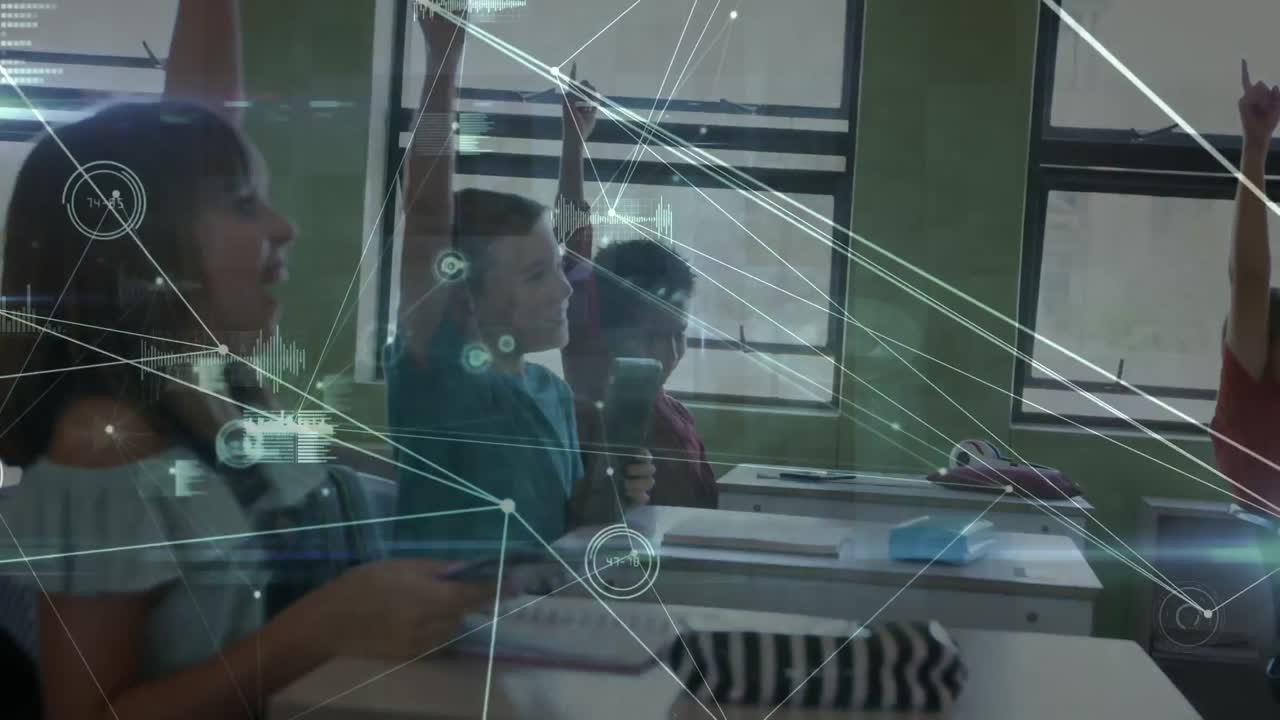 animación de la red de conexiones entre diversos escolares que aprenden en el aula