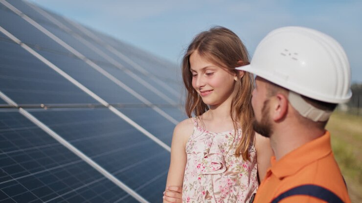 bambino e lavoratore in una fattoria solare