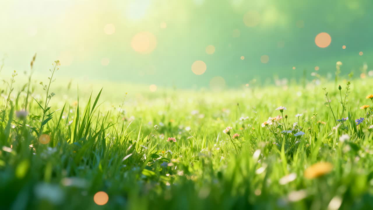 フォーカス送りのカメラが、日当たりの良い牧草地で暖かなボケ味を見せながら草の葉と花を捉える。