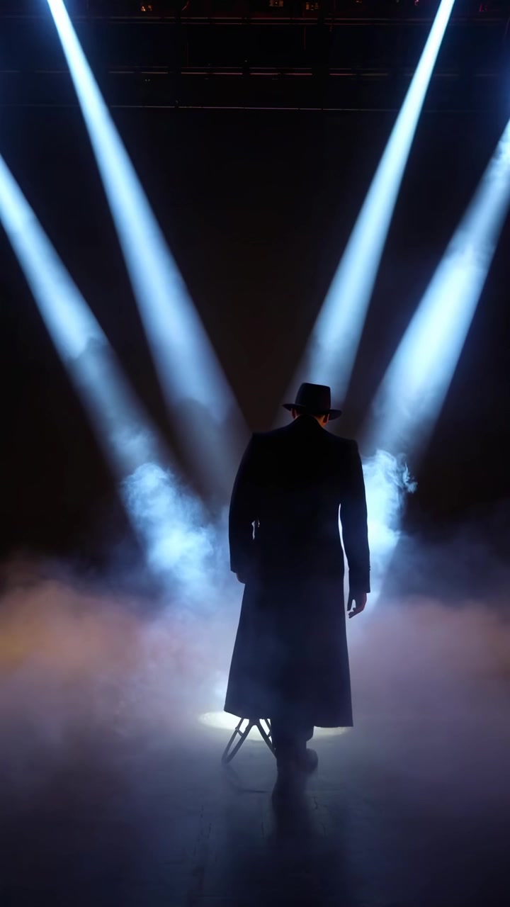 Silhuetteret performer går ind på scenen med skarpe spotlights og røg