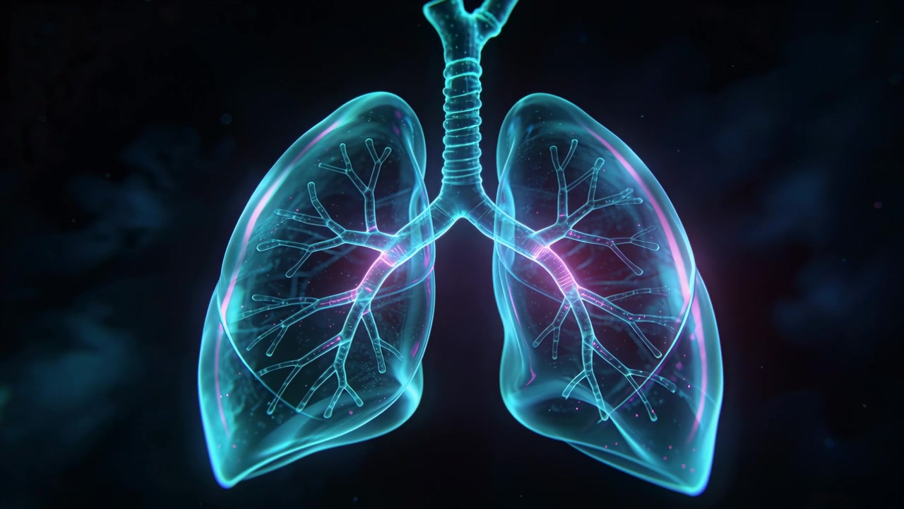 Polmoni ciano pulsanti che mostrano il flusso d'aria lungo l'albero bronchiale e la trachea su uno sfondo fumoso, con un bagliore magenta.