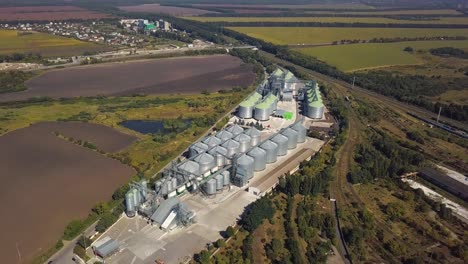 aerial view of agricultural land and grain silo