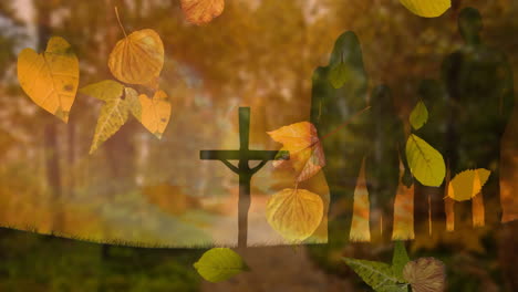 in serene landscape, animation of autumn leaves falling over cross silhouette