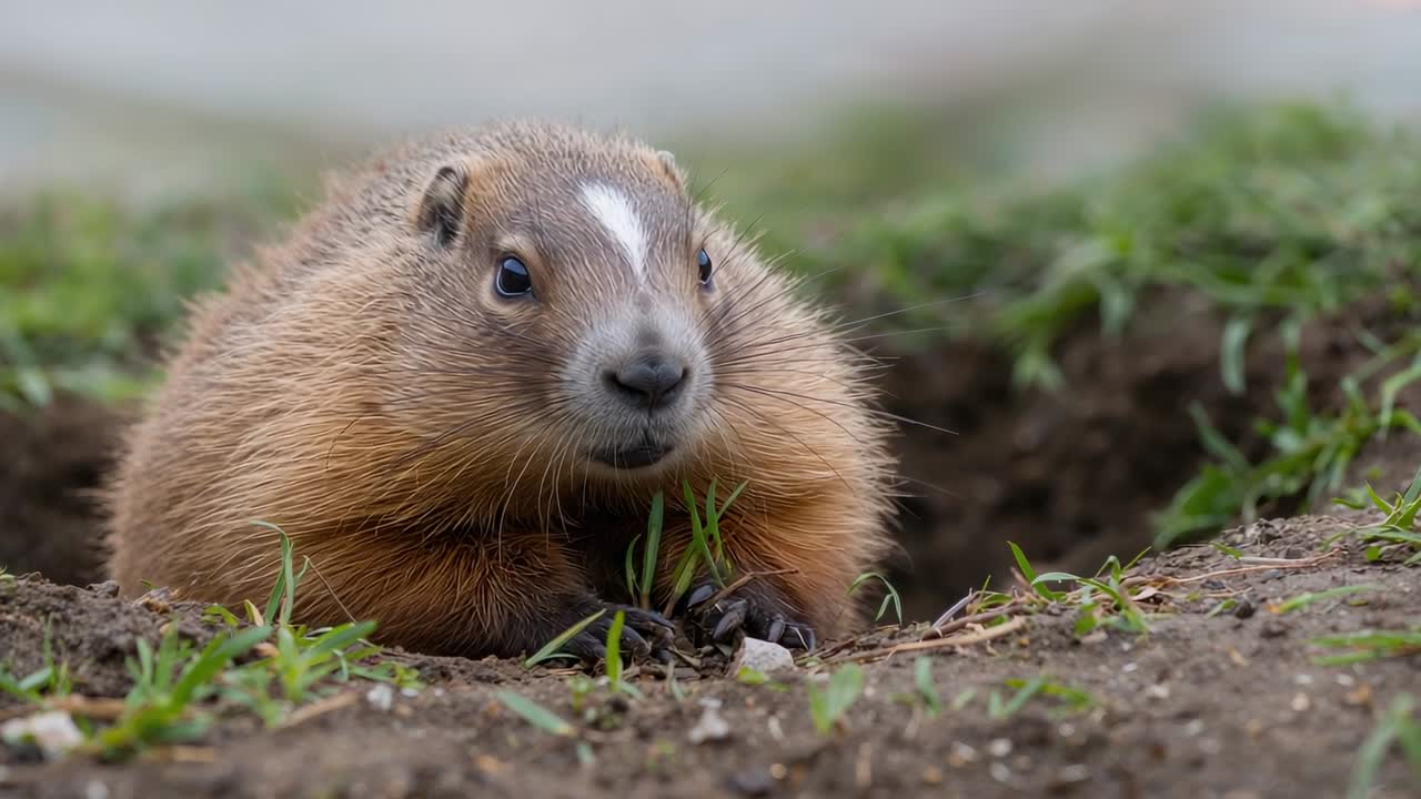 Sniffing juvenile rodent pushing out from burrow entrance in meadow, showing whiskers and foreclaws