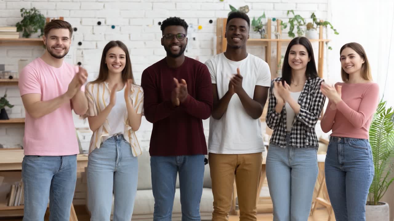 A Joyful Gathering of Friends Celebrating Achievement with Applause in a Bright, Cozy Indoor Space Filled with Greenery and Stylish Decor