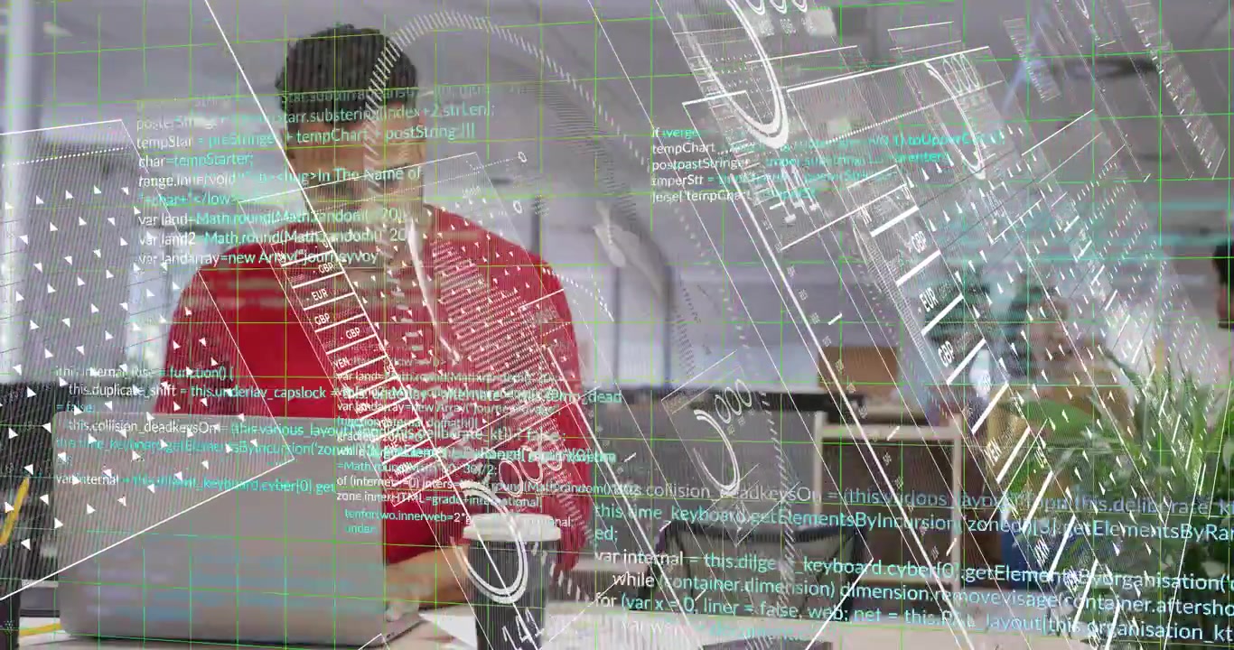 Developer in red sweater typing at desk, starting green HUD flagging code, reviewing papers