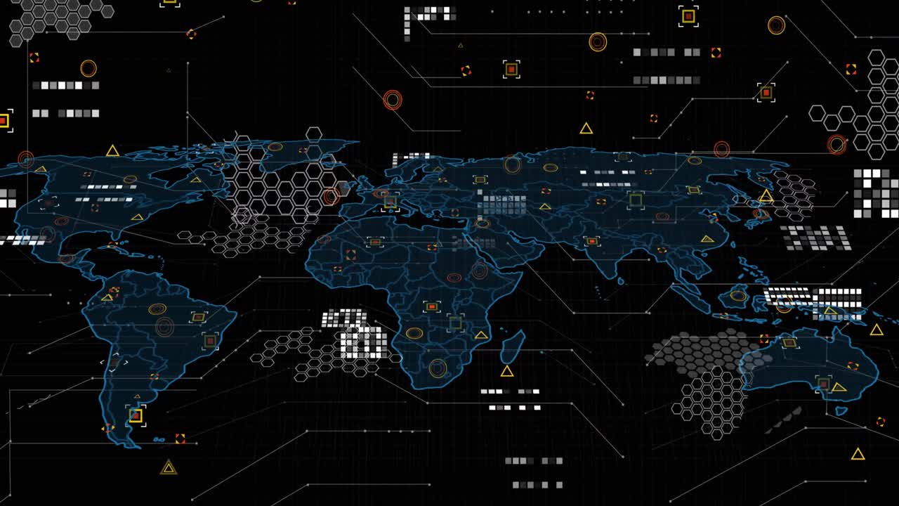 Animation of data processing and world map on black background