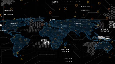 Animation-of-data-processing-and-world-map-on-black-background