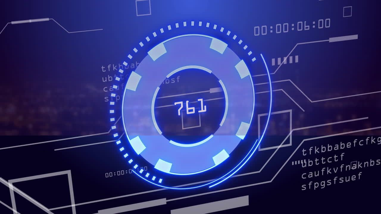 Futuristic digital interface with rotating elements and numbers animation over data codes