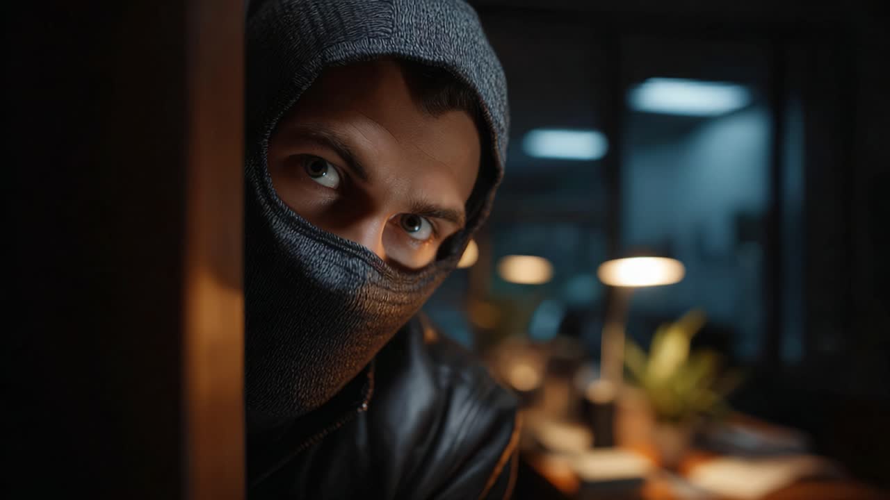 En mistænkelig indtrænger kigger gennem en døråbning, indhyllet i mørke omgivelser, hvilket understreger spændingen ved en snigende fremfærd i et dårligt oplyst kontormiljø