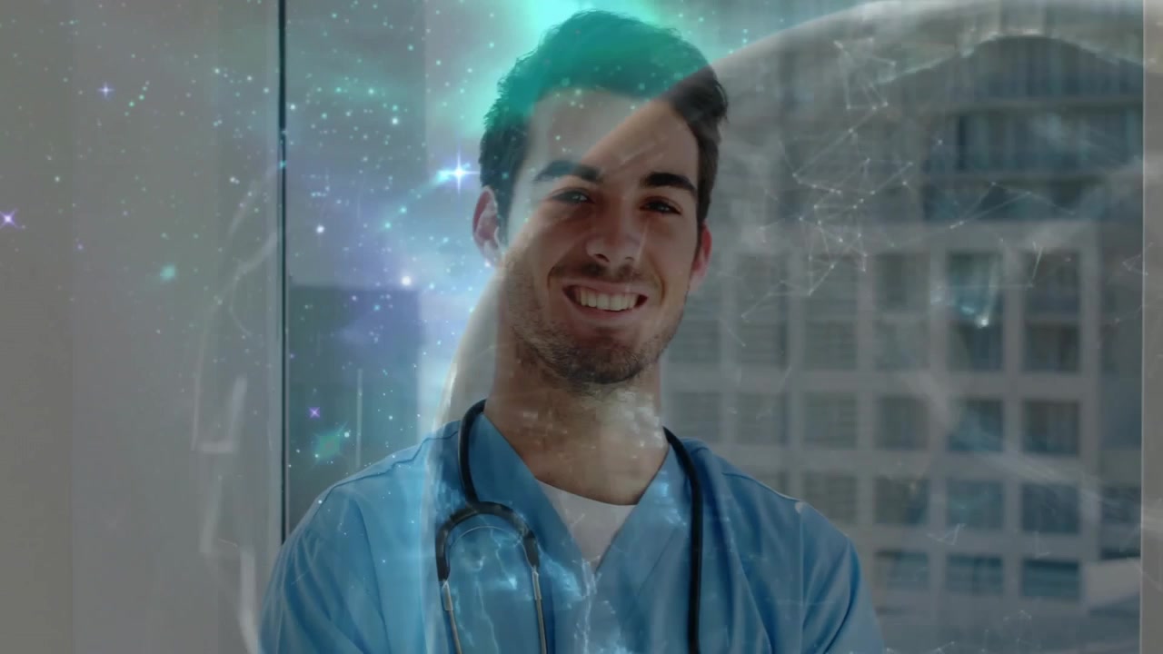 Medico che individua un globo 3D che appare sopra lo skyline, seguendone la rotazione e visualizzando una rete.