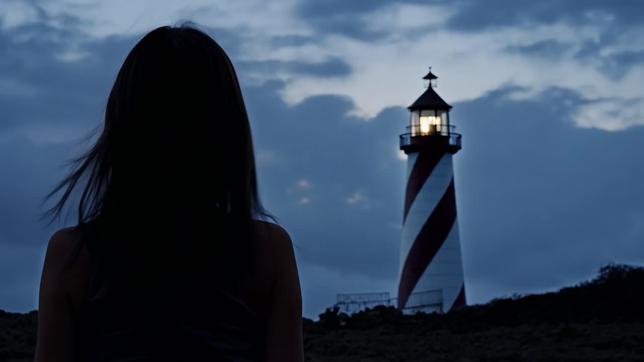 mujer silueta contra el faro al atardecer