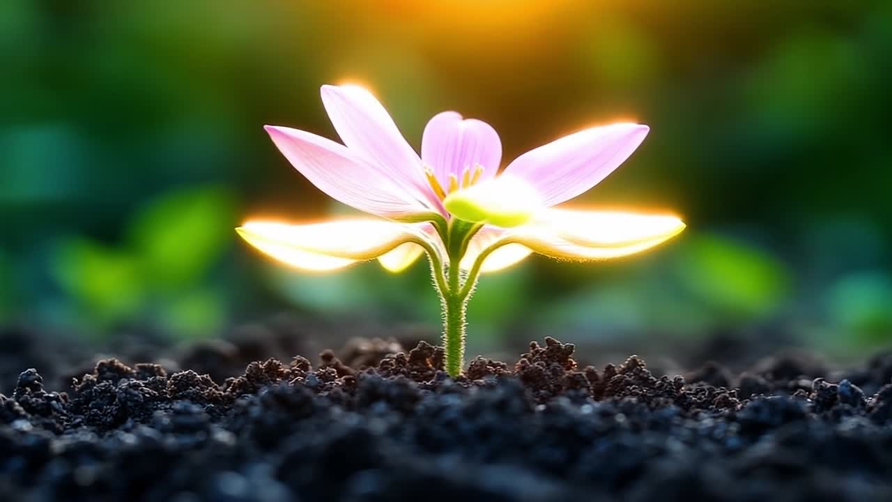 New flower blooms in sunlight on soil. A delicate pink flower emerges from dark soil under the warm sunlight, signaling the arrival of spring.